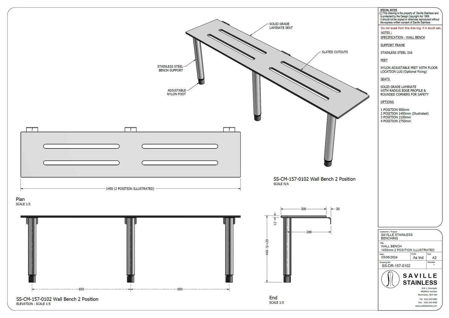 Changing Room Wall Bench Stainless Steel 1450mm