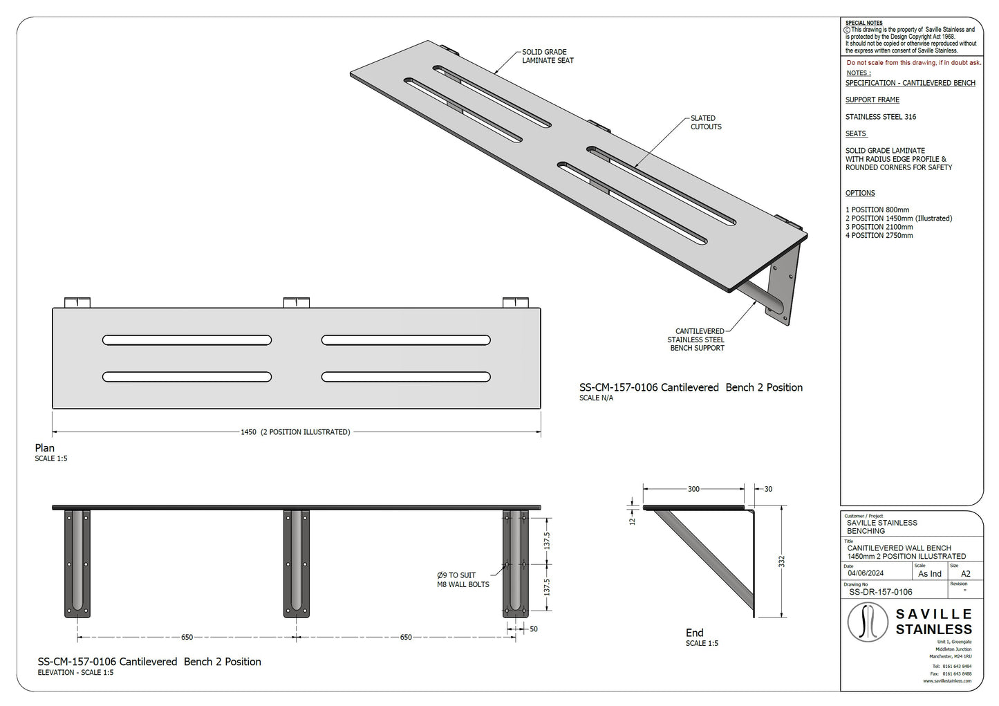 Changing Room Cantilevered Wall Bench Stainless Steel 800mm