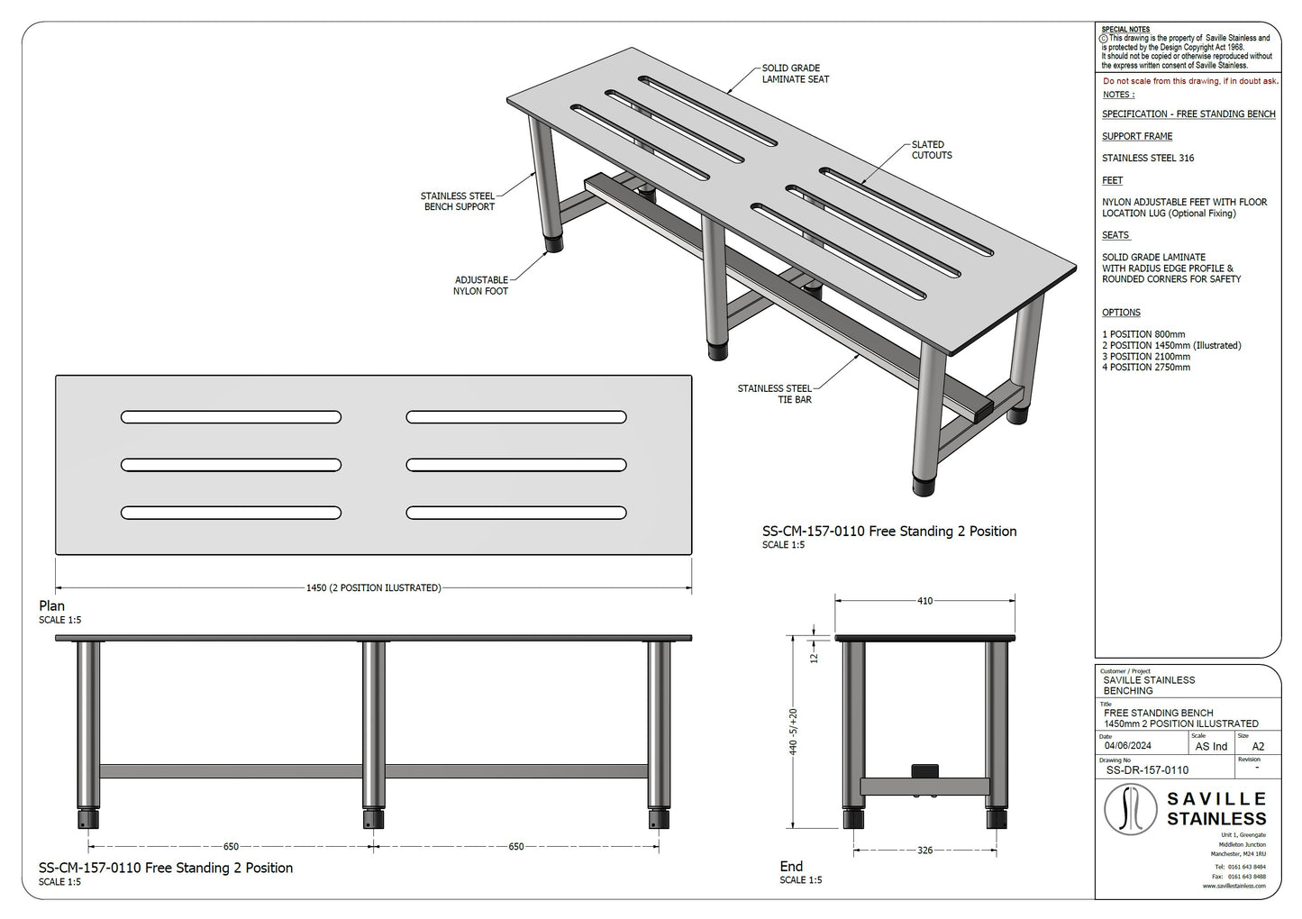 Changing Room Free Standing Bench Stainless Steel 1450mm
