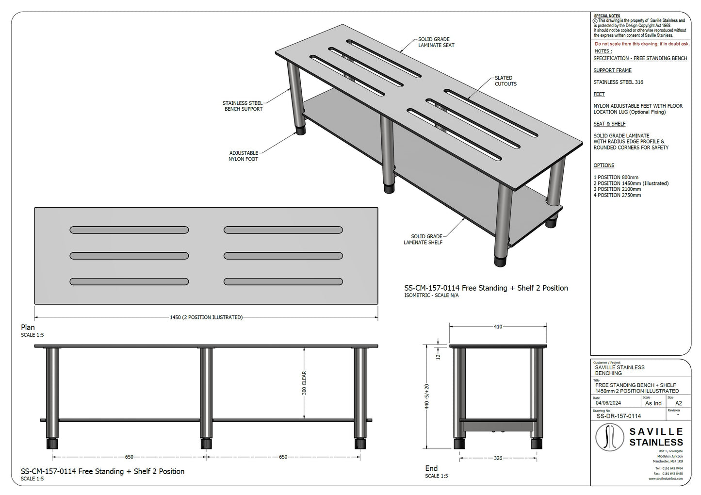 Changing Room Free Standing Bench Stainless Steel 1450mm