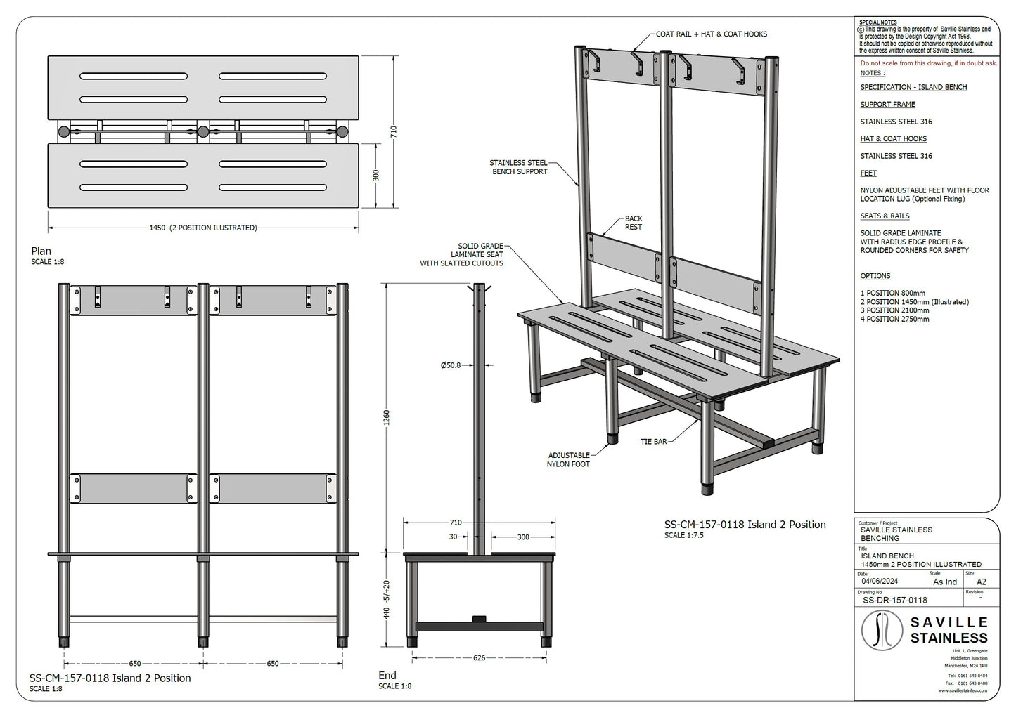 Changing Room Island Bench Stainless Steel 2750mm