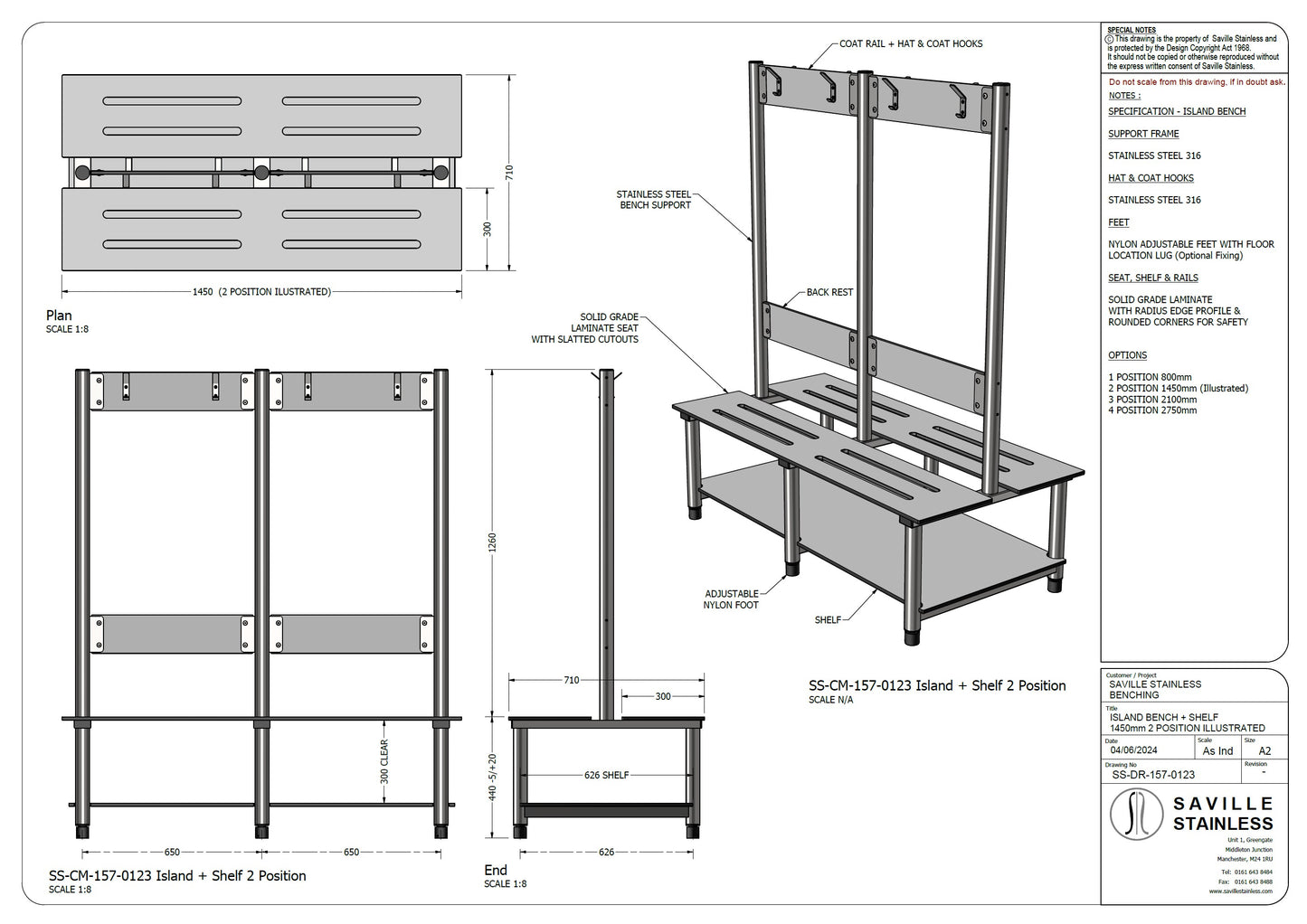 Changing Room Island Bench Stainless Steel 2750mm