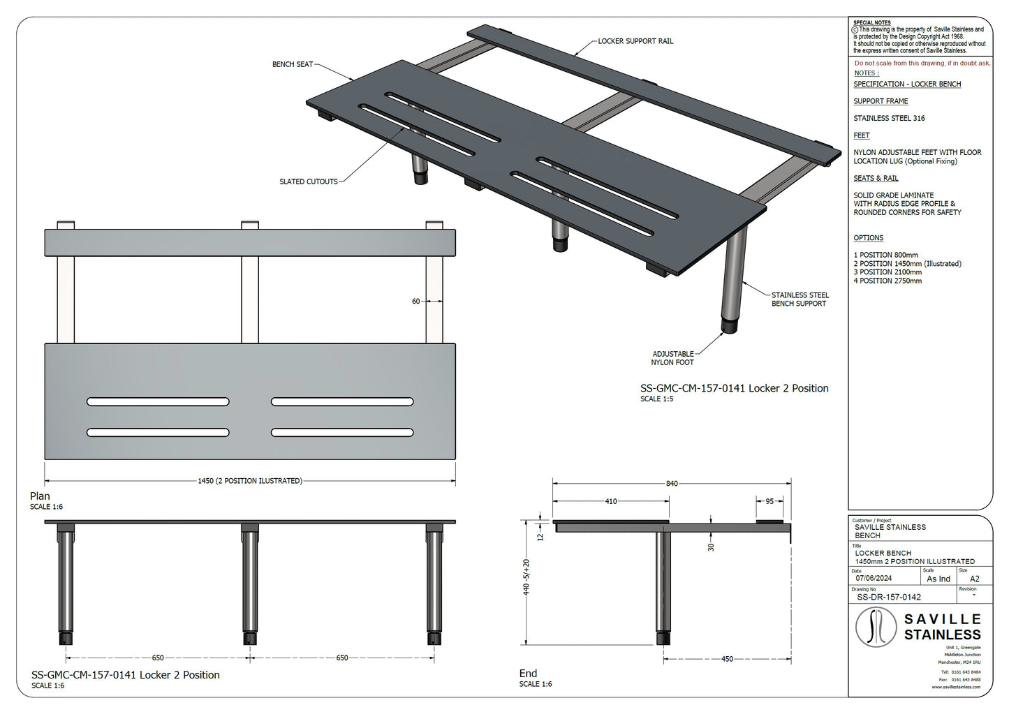 Changing Room Locker Bench Stainless Steel 1450mm