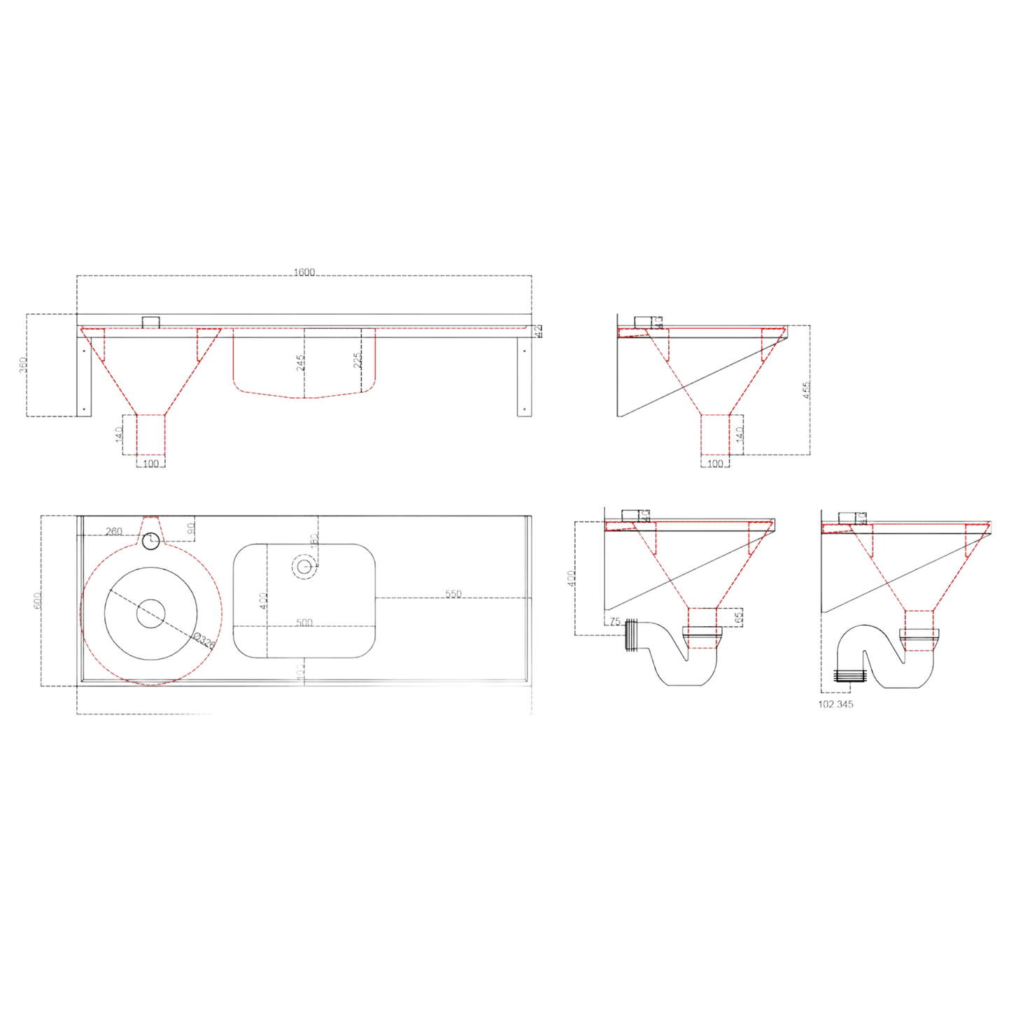 SS/SHS 1600 x 600mm Top Inlet Disposal Hopper, Bowl & Drainer