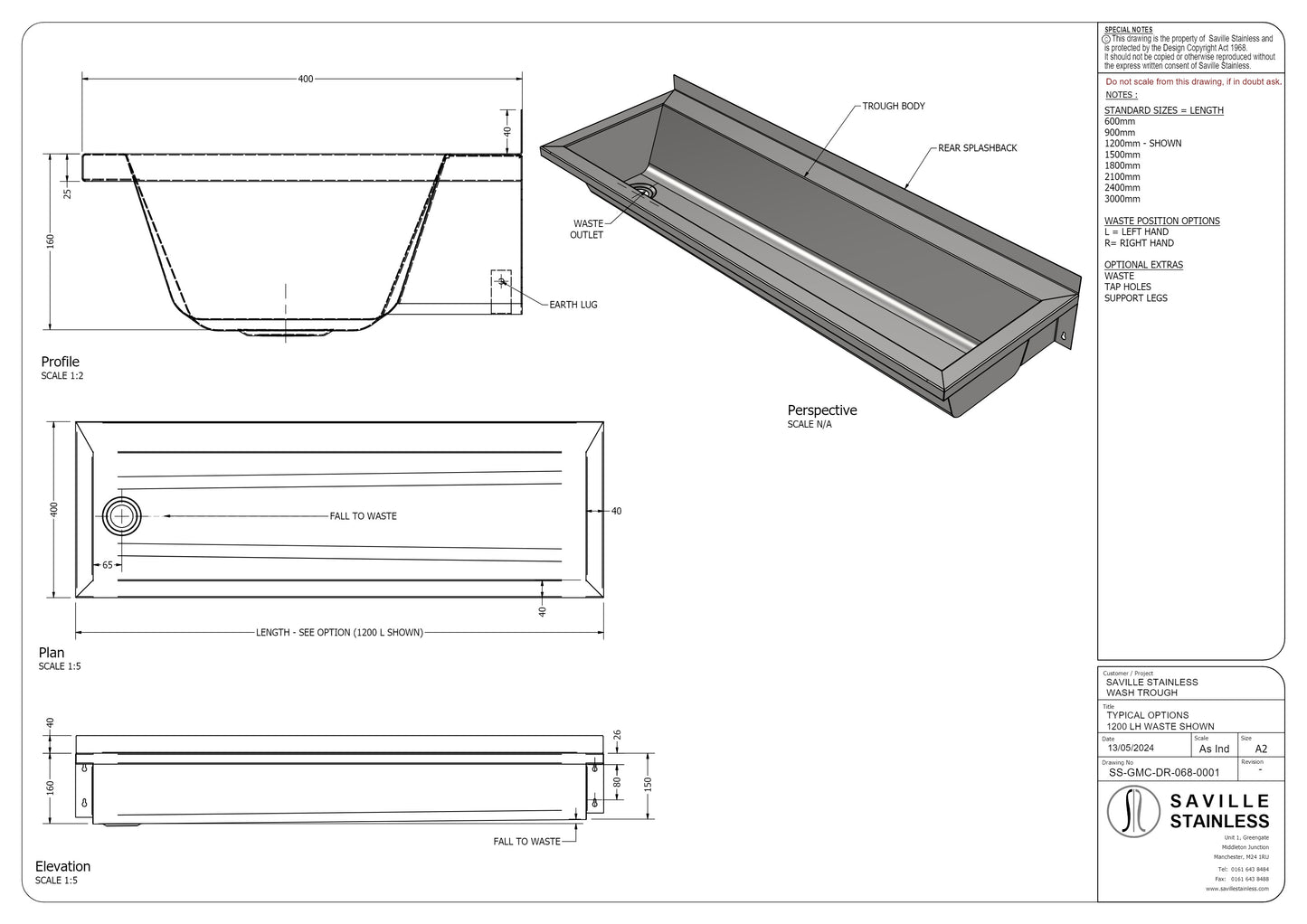 SS81 1200mm Wall Mounted Wash Trough