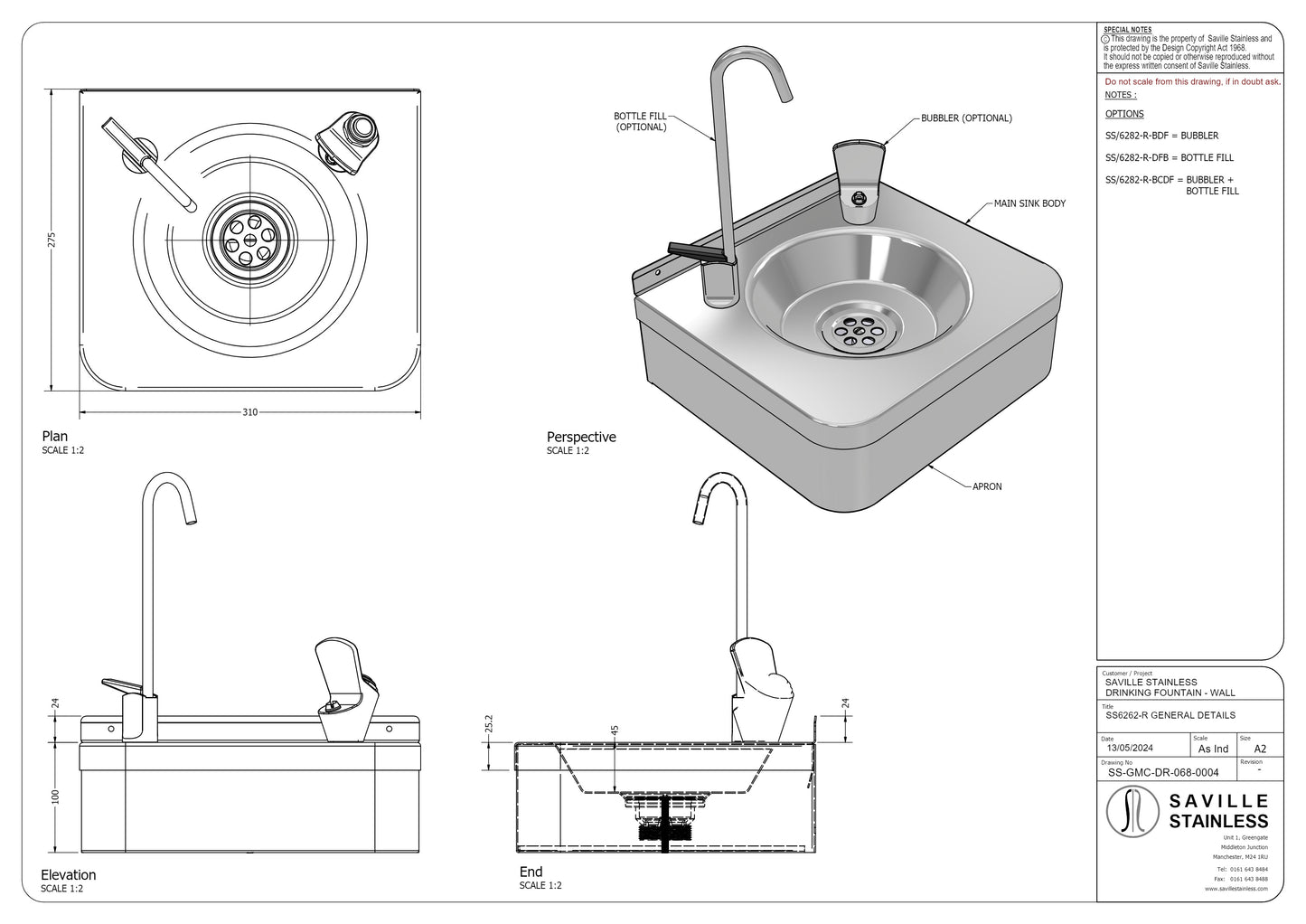 SS/6282-R-BDF Wall Mounted Drinking Fountain With Push Button Bubbler