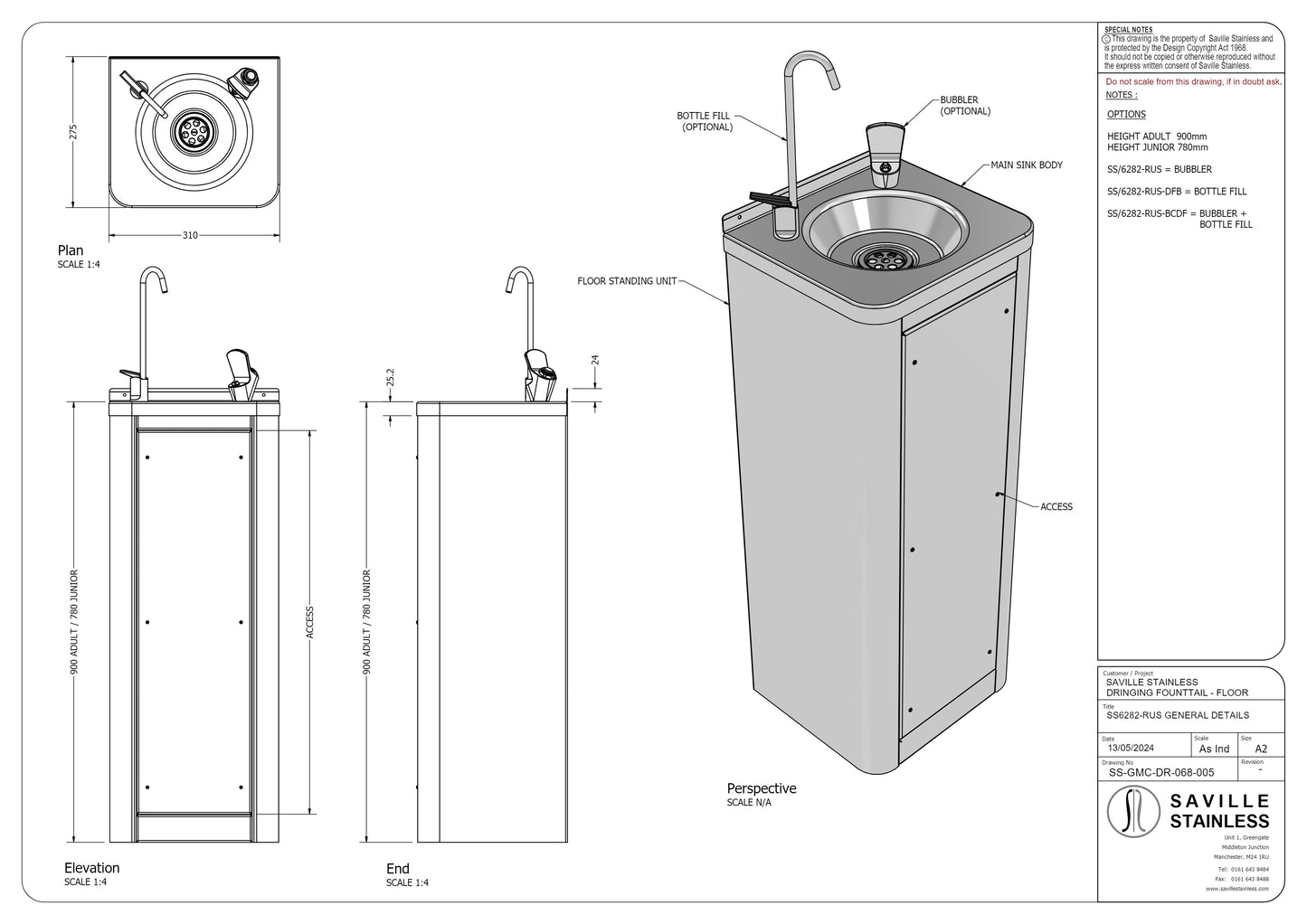 SS/6282-RUS Floor Standing Drinking Fountain with Push Button Water Bubbler