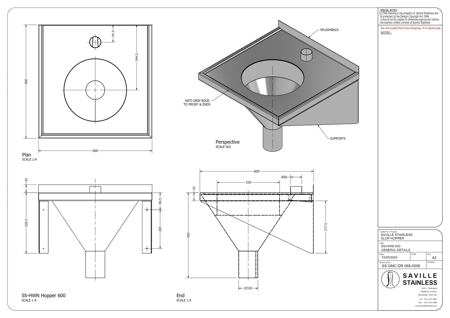 SS/BS6666-FHS Wall Mounted Janitorial Bucket Sink 500mm x 400Mm