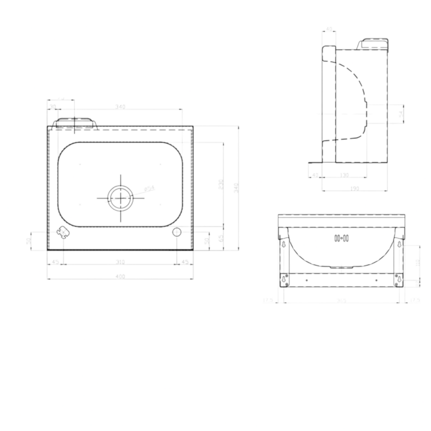 SS/WP30B Knee Operated Wall Mounted wash Basin 400mm X 340mm