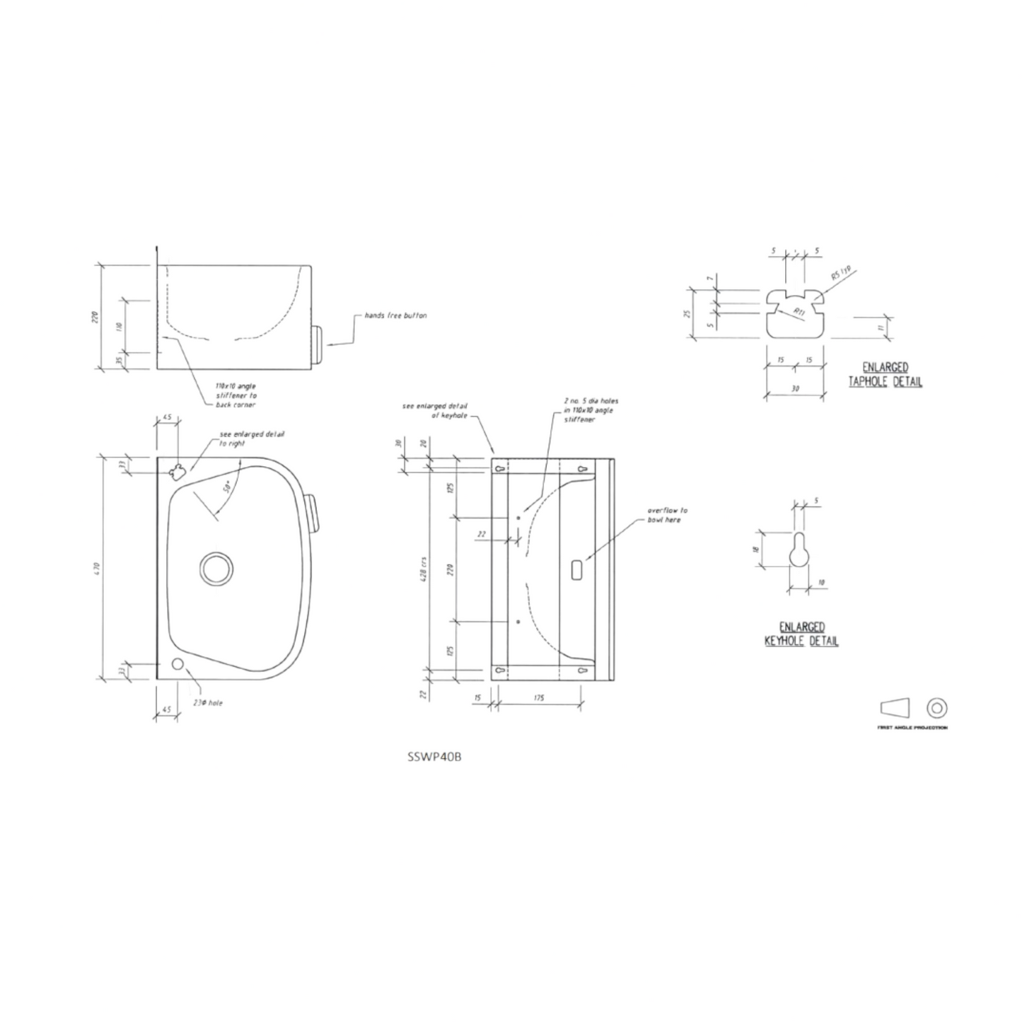 SS/WP40B Knee Operated Wall Mounted wash Basin 480mm X 350mm