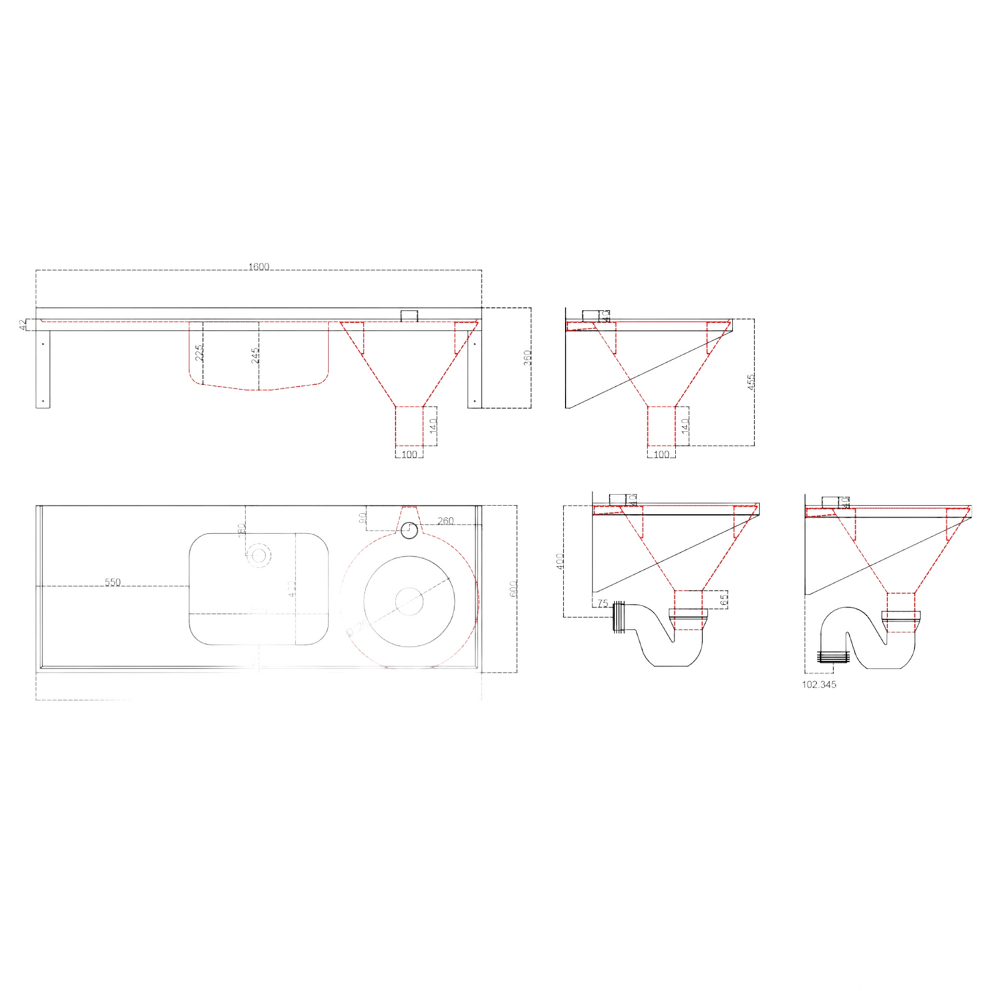 SS/SHS 1600 x 600mm Top Inlet Disposal Hopper, Bowl & Drainer