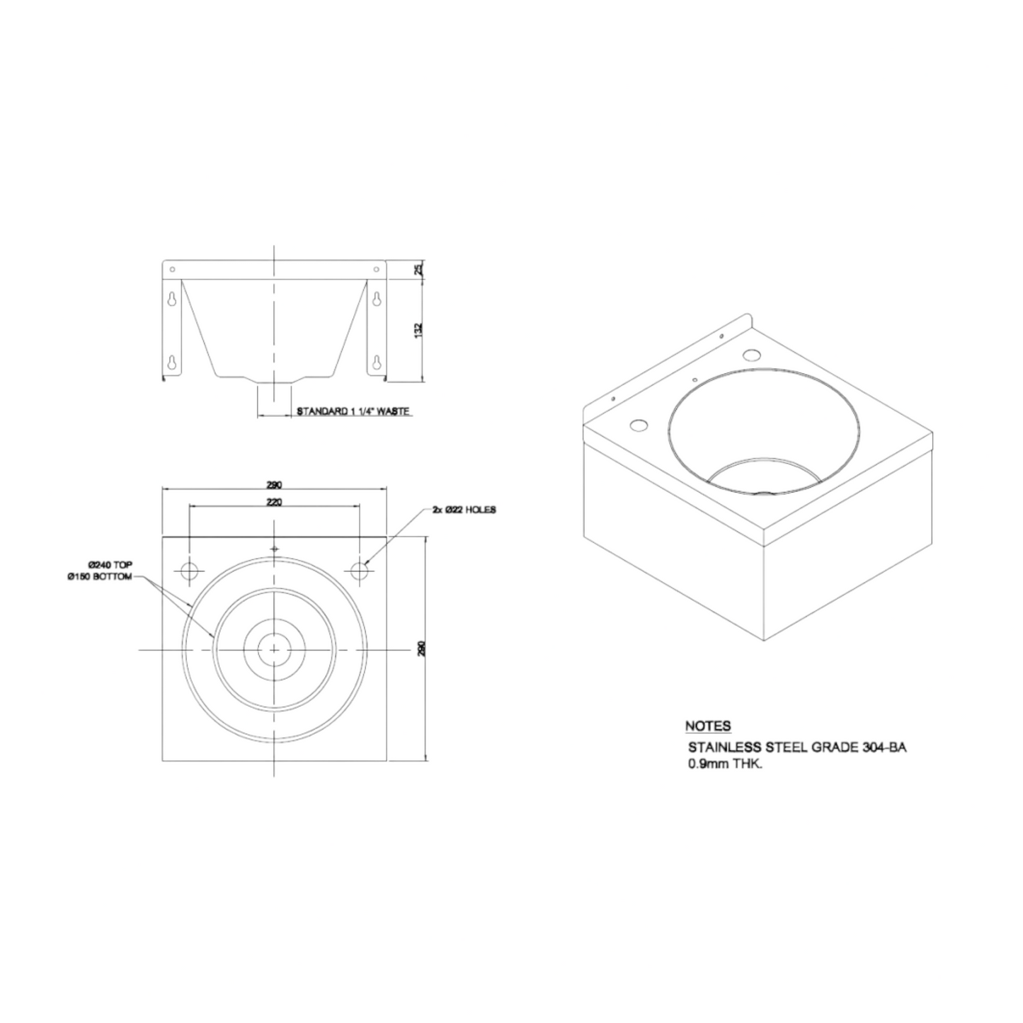 W-1 Wall Mounted Wash Basin 290 x 290mm