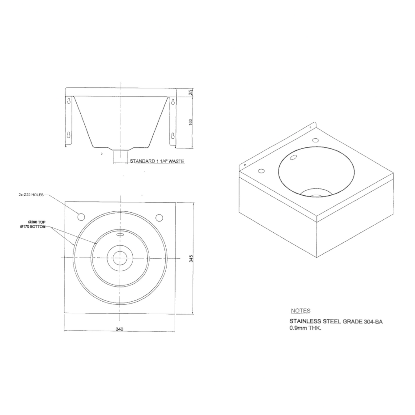 W-2 Wall Mounted Wash Basin 340mm x 340mm