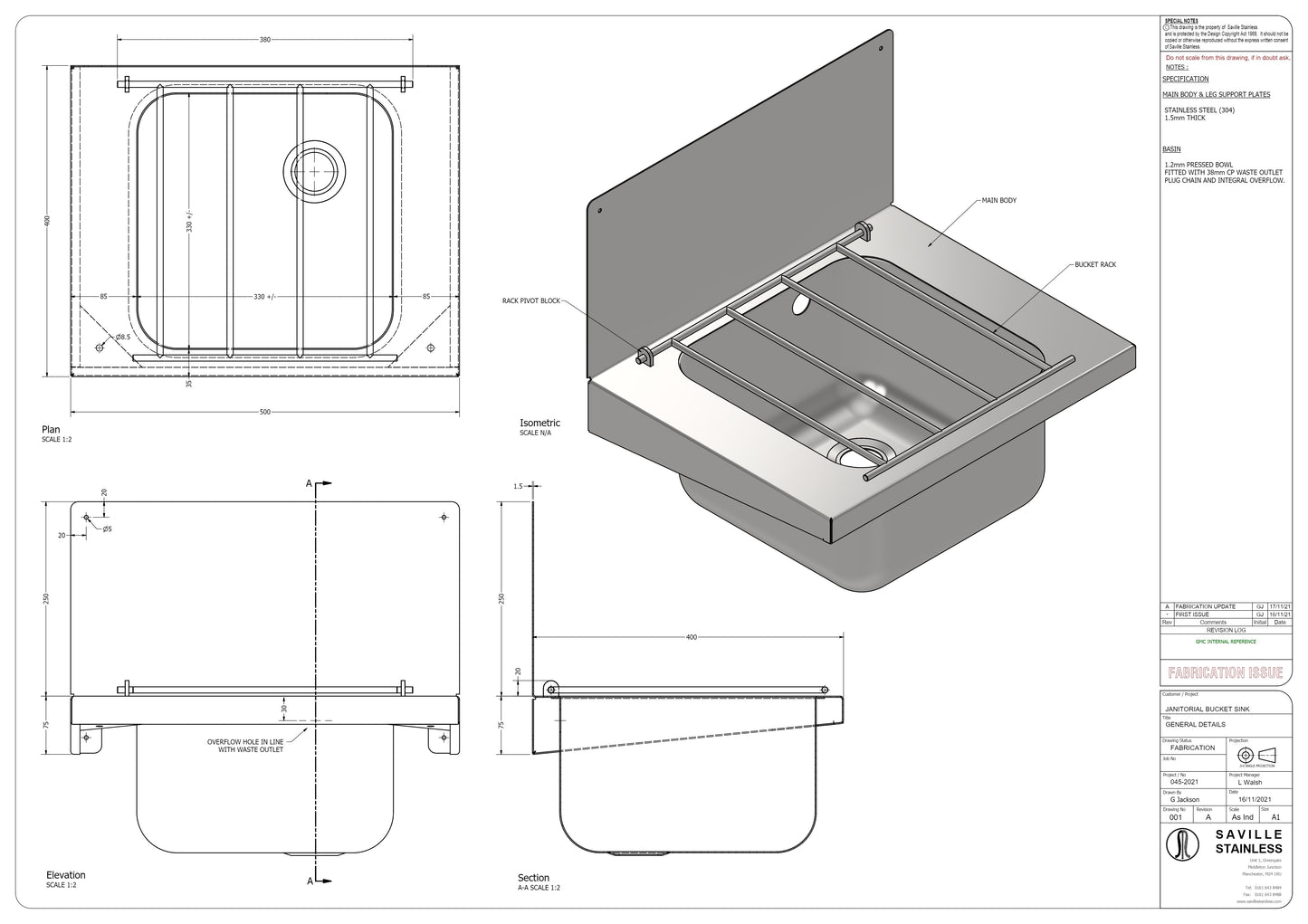 SS/BS6666-FHS Wall Mounted Janitorial Bucket Sink 500mm x 400Mm