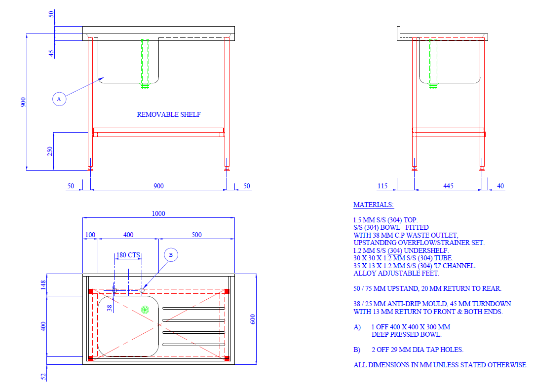 1000 x 600mm Single Bowl & Single Drainer Catering Sink